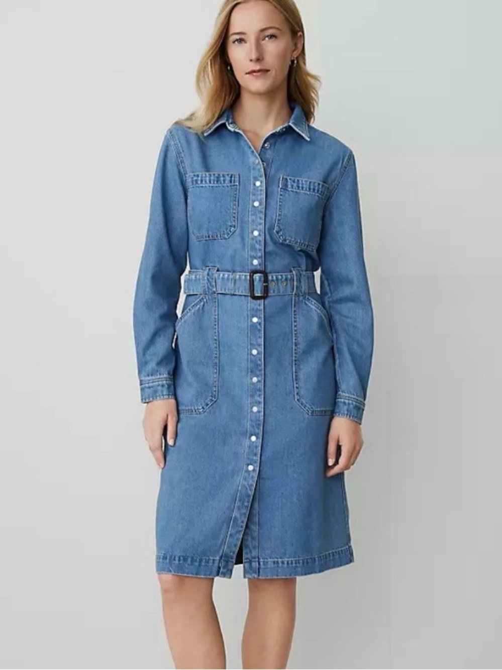 Ann Taylor Blue Denim Midi Shirt Dress w/ Belt pockets Weekend Collection 12